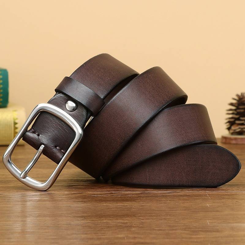 Dark brown men's leather belt coiled, stainless steel buckle