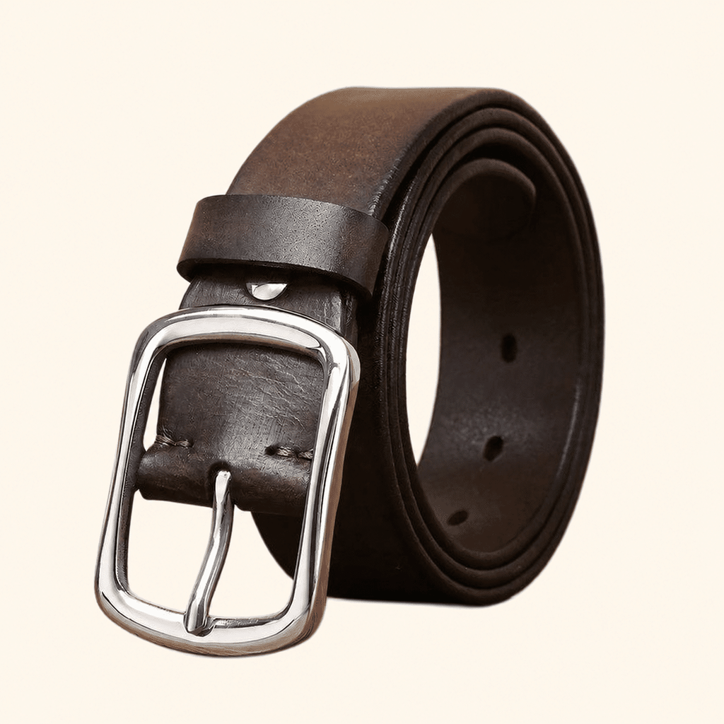 Dark brown men's leather belt with stainless steel buckle, studio shot