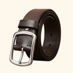Dark brown men's leather belt with stainless steel buckle, studio shot