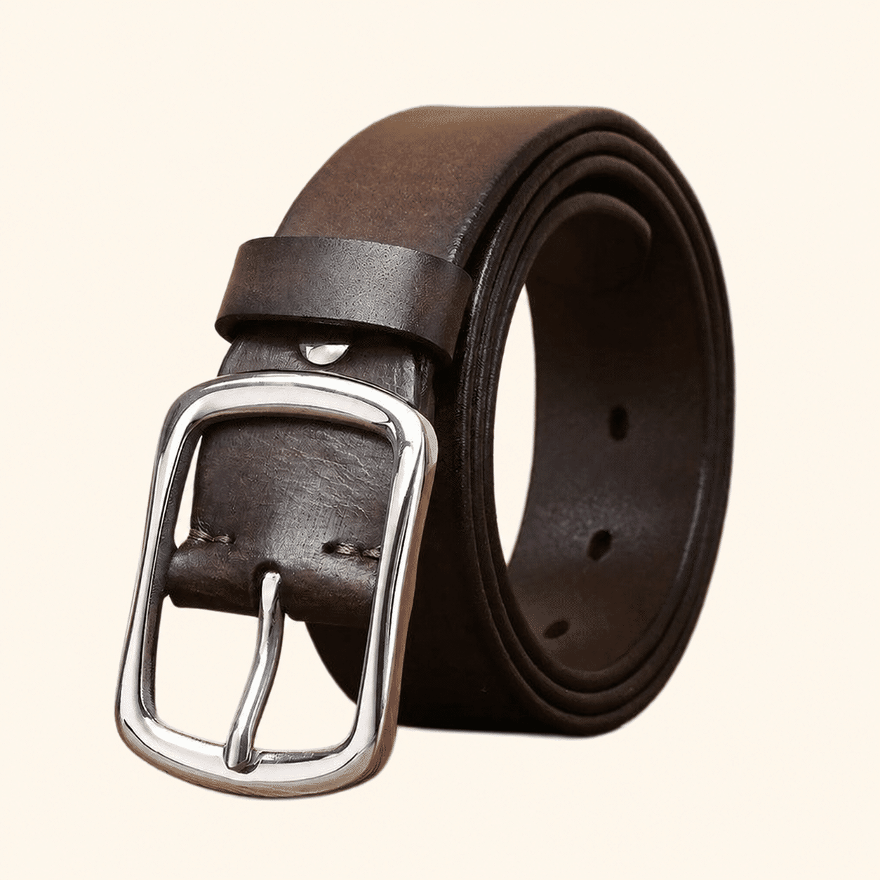 Dark brown men's leather belt with stainless steel buckle, studio shot