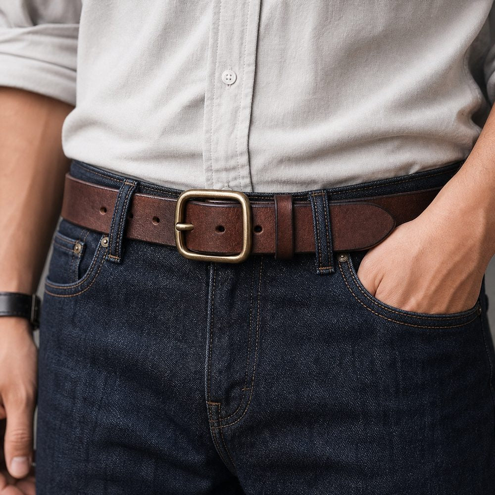 Dark brown full-grain men's leather belt worn with jeans