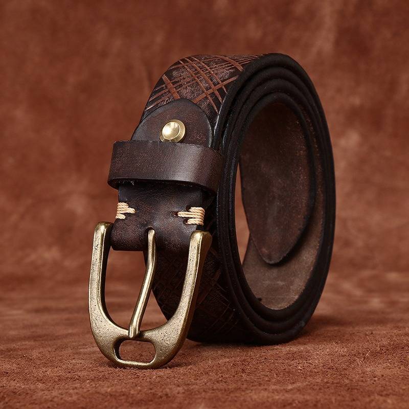 Dark brown men's belt, coiled view