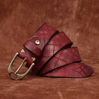 Red men's belt, buckle detail