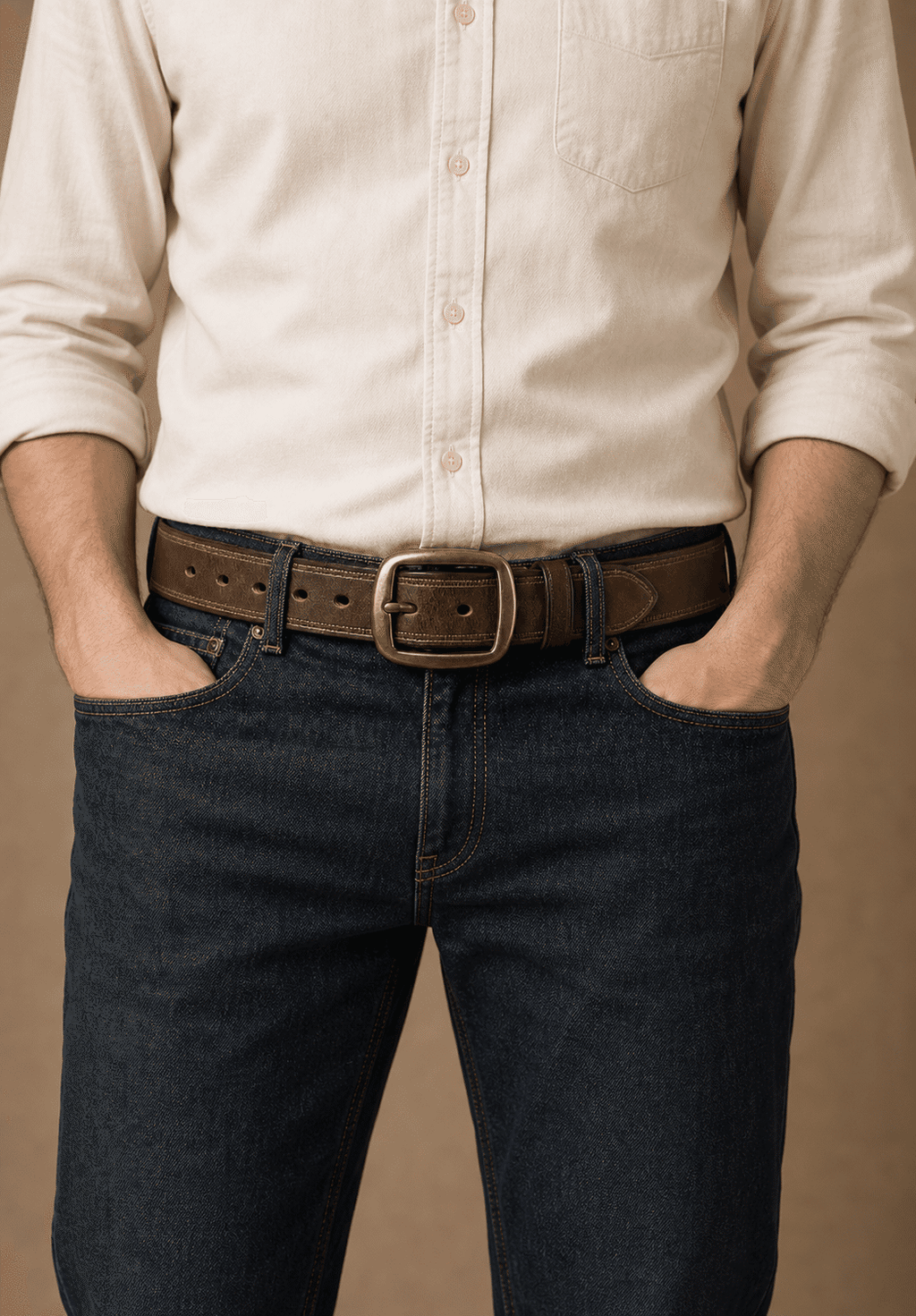 Brown men's belt, buckle detail