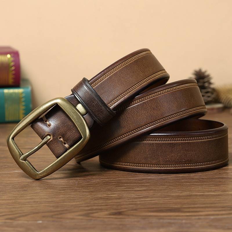 Brown men's belt, coiled view
