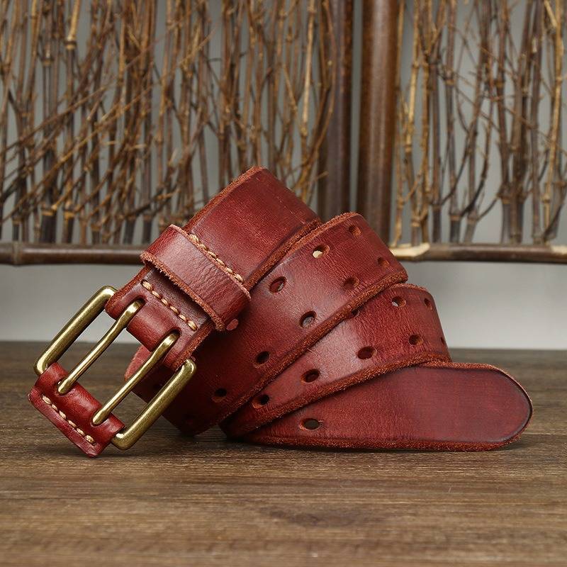 Red men's belt, leather grain