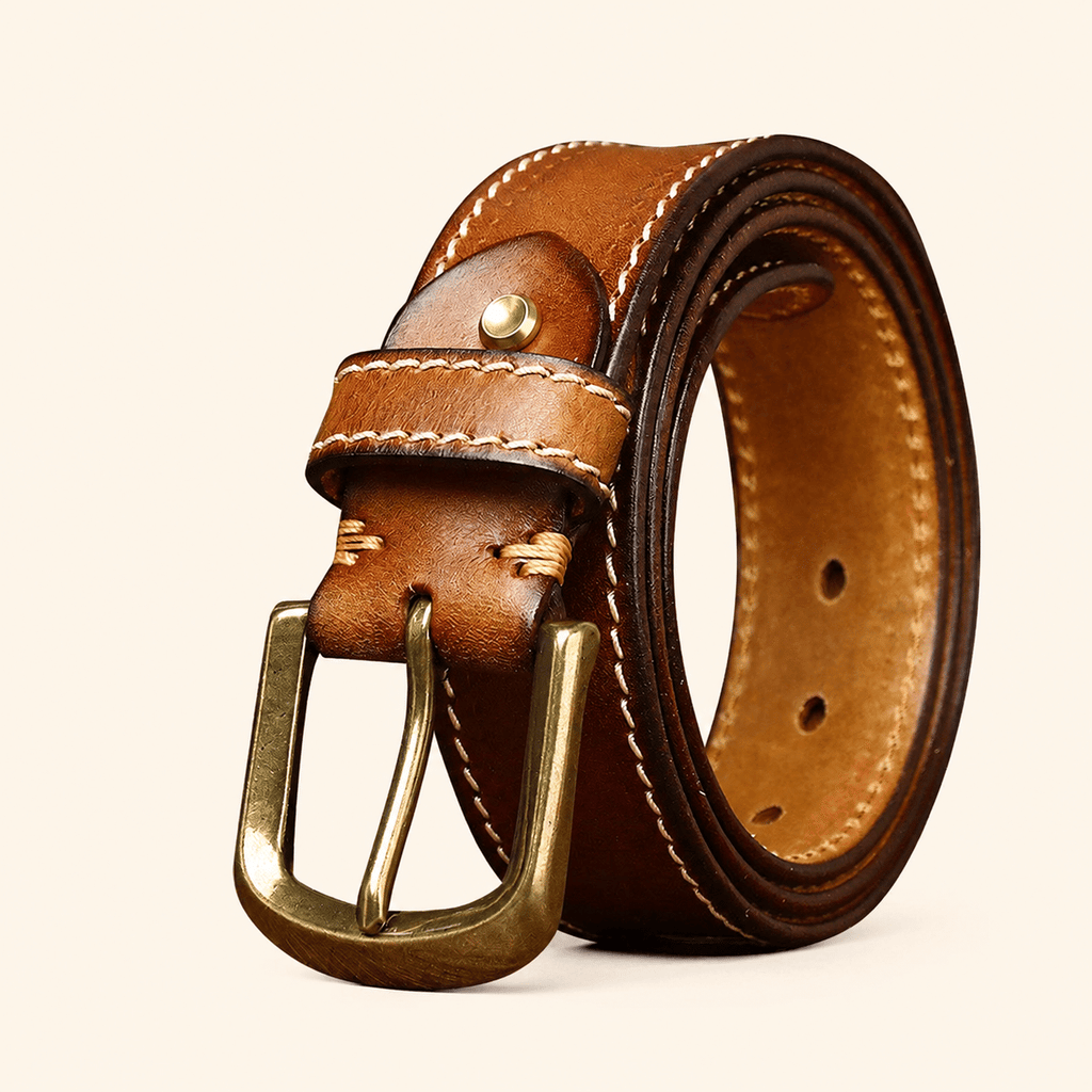 Brown men's double-stitched belt