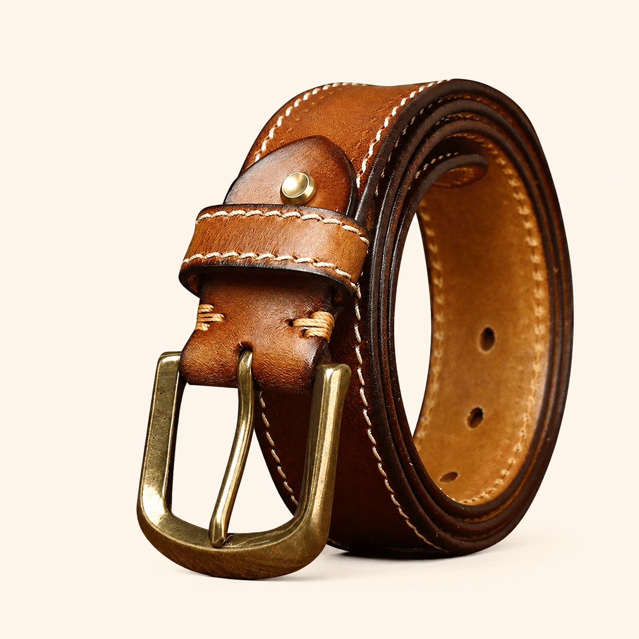 Brown men's double-stitched belt