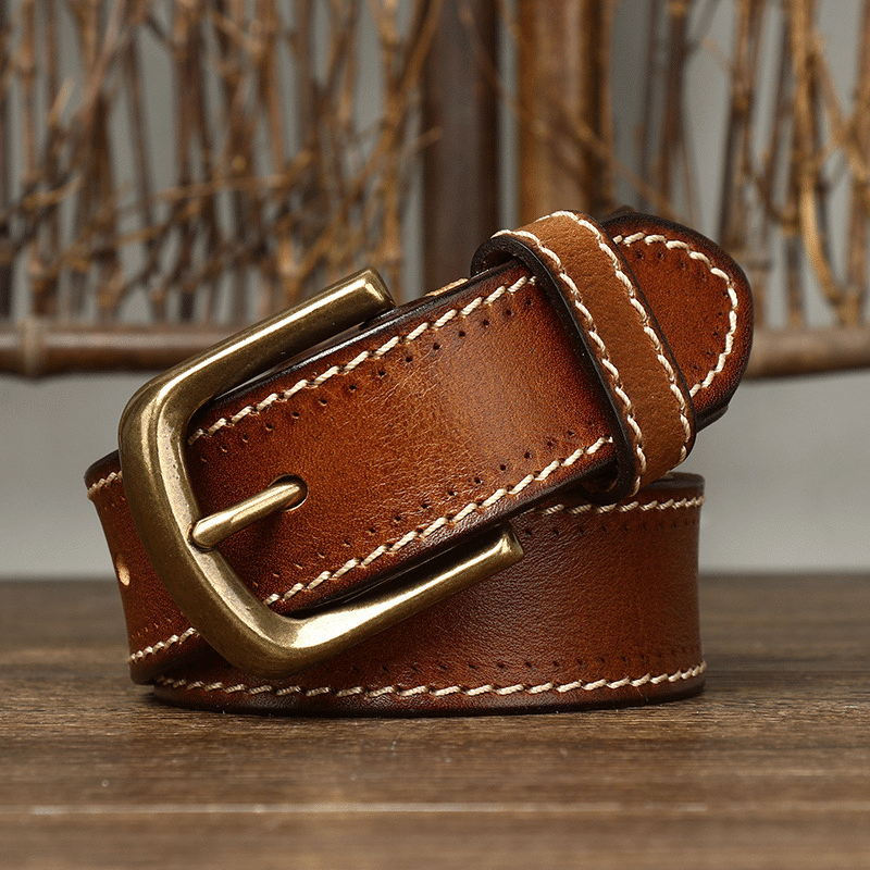 Brown men's belt, stitching detail