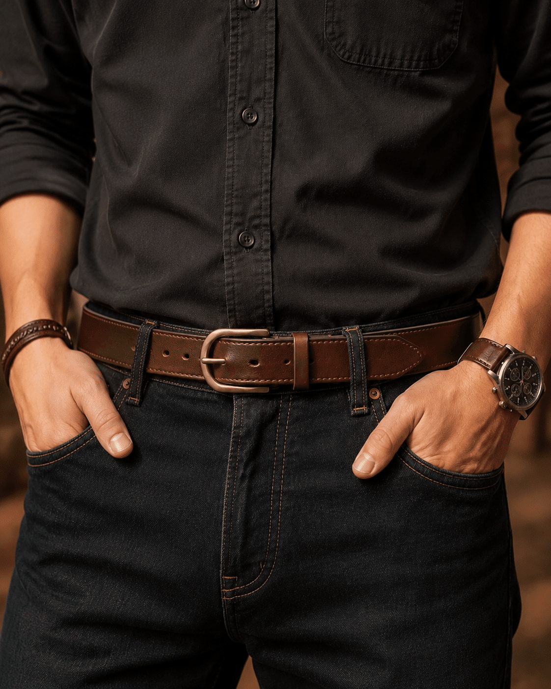 Brown men's belt, coiled view