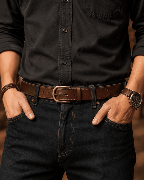 Brown men's belt, coiled view