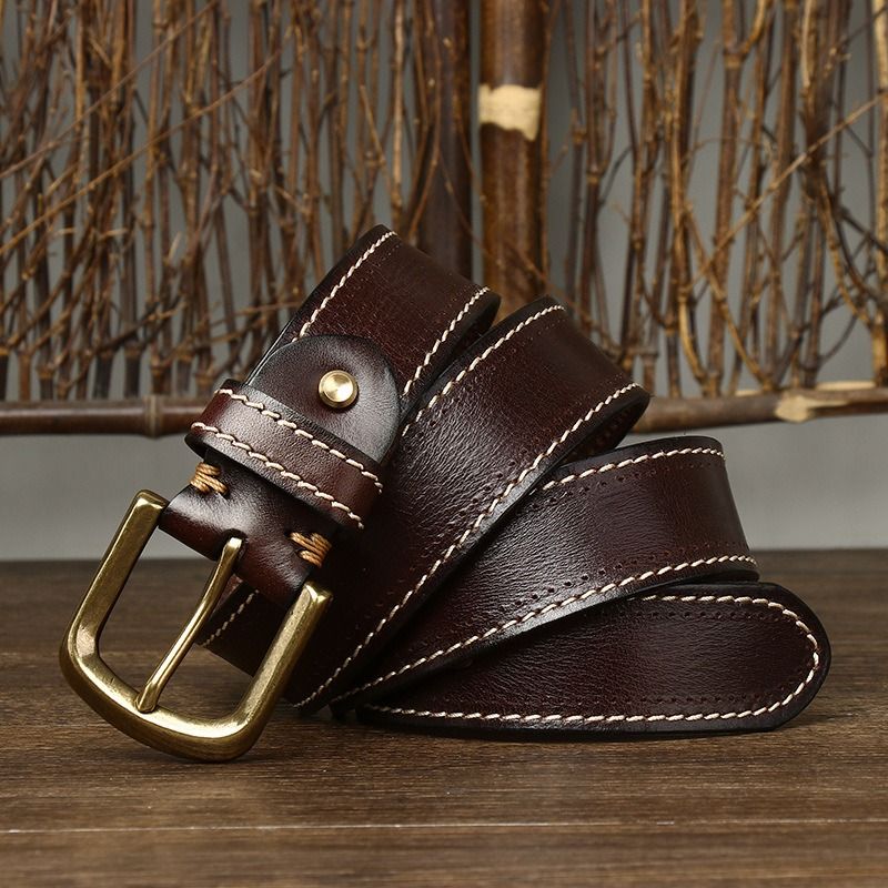 Dark brown men's belt, leather grain
