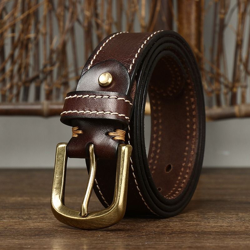 Dark brown men's belt, stitching detail