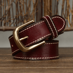 Red men's belt, stitching detail