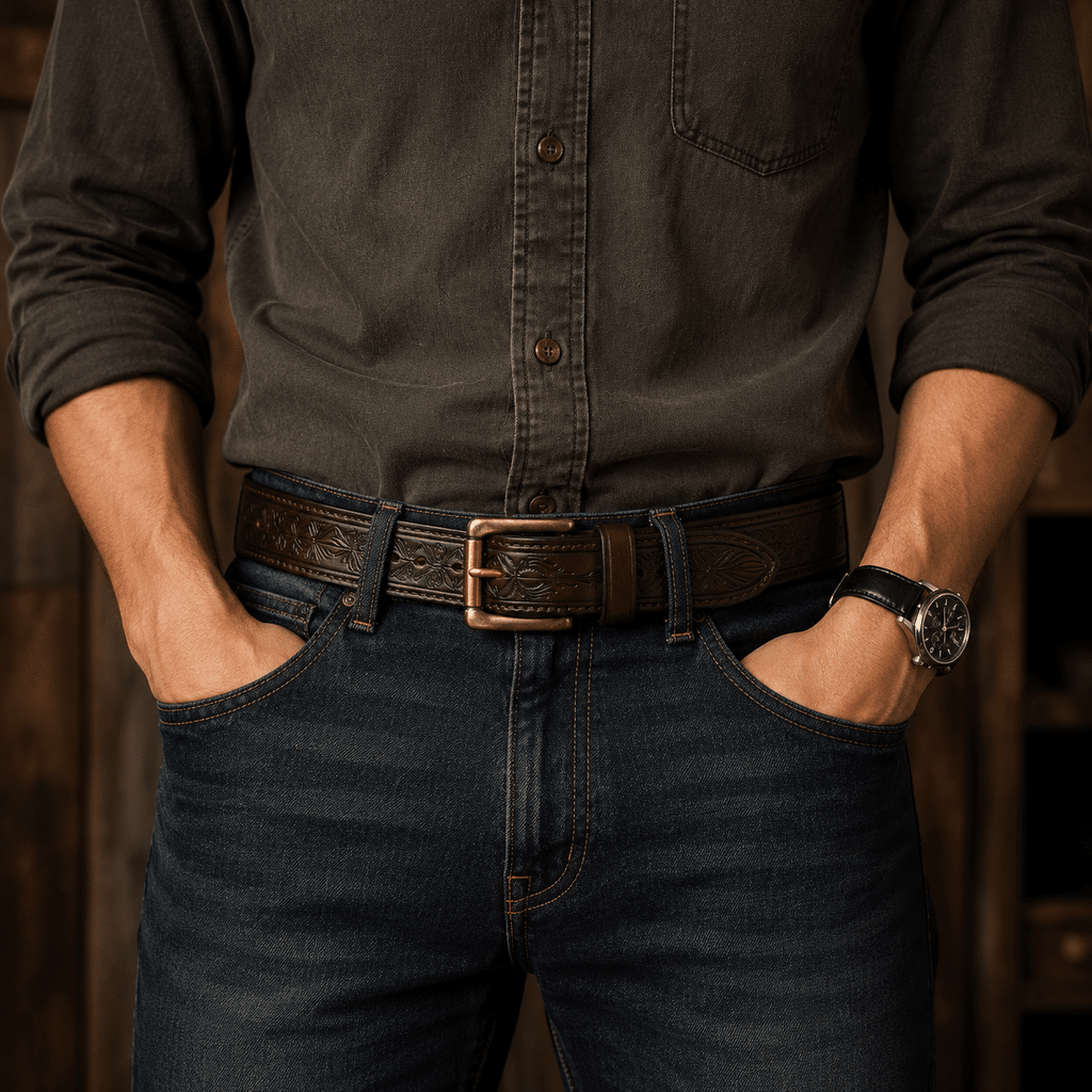 Dark brown men's belt, buckle detail