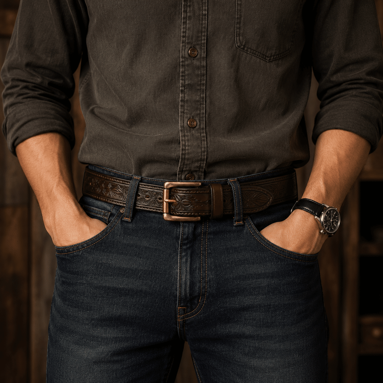 Dark brown men's belt, buckle detail
