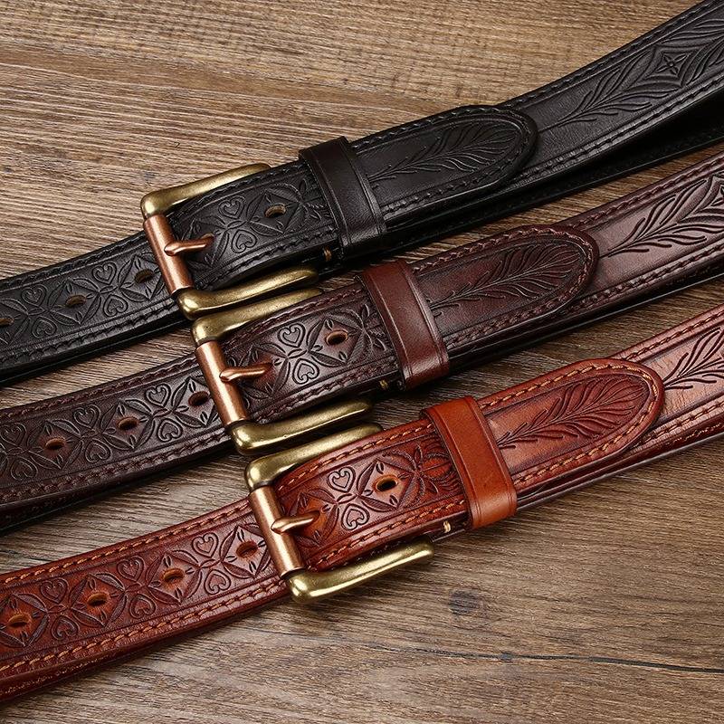 Dark brown men's belt, embossed detail