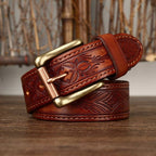 Red men's belt, buckle detail