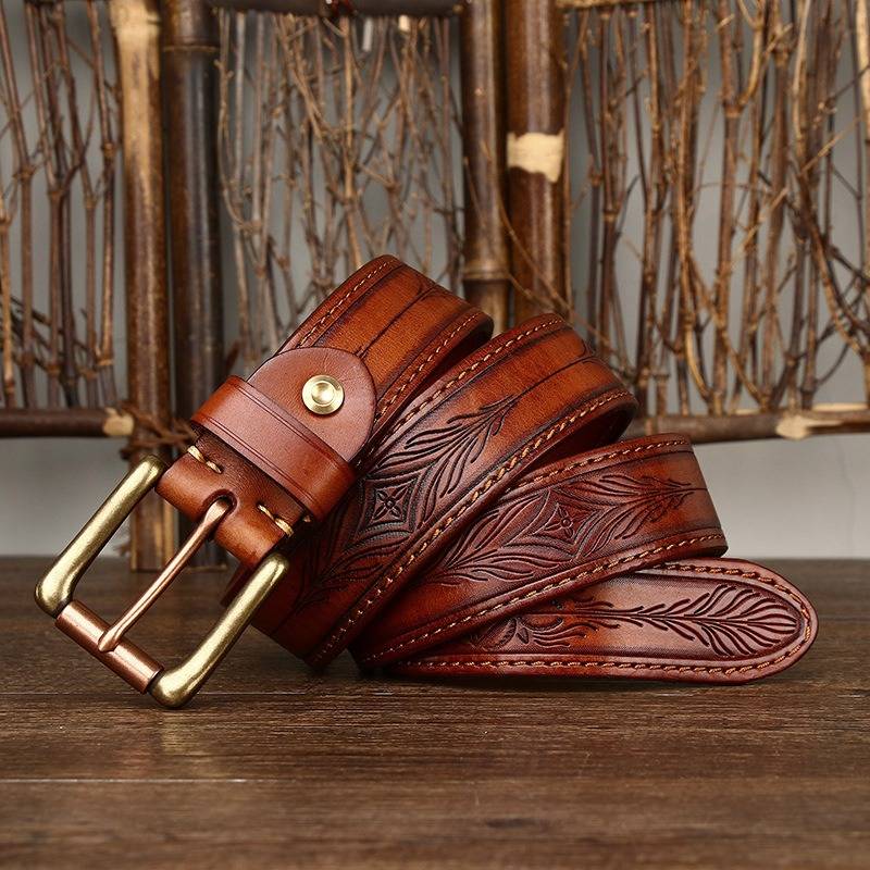 Red men's belt, embossed detail