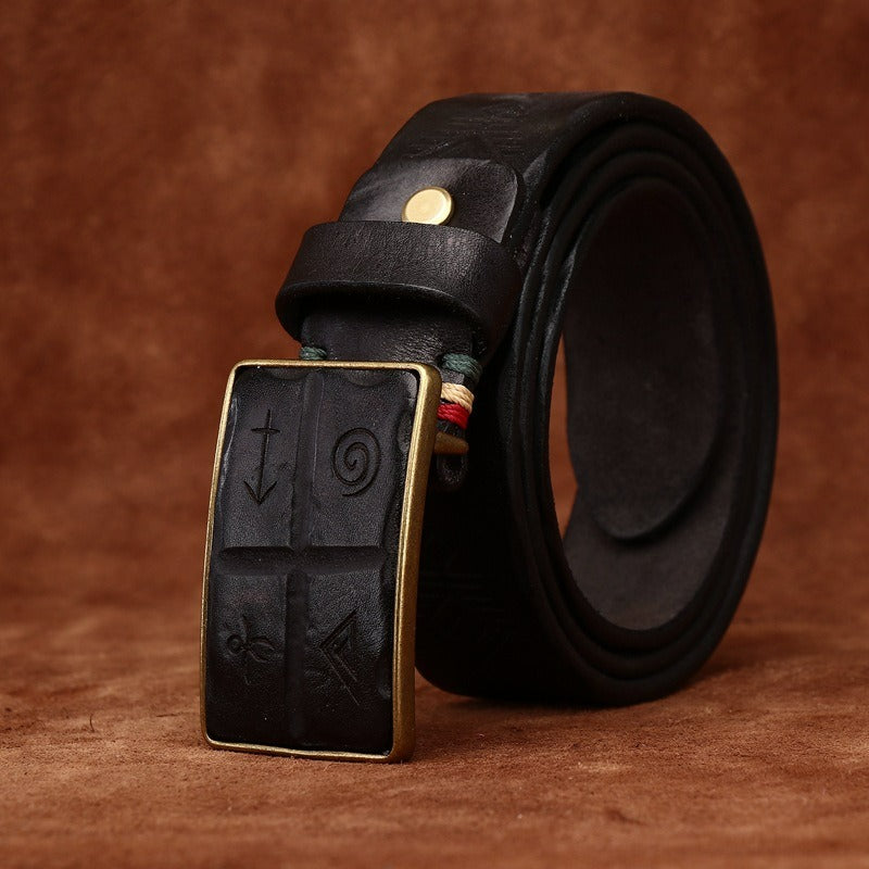 Black men's embossed square buckle belt