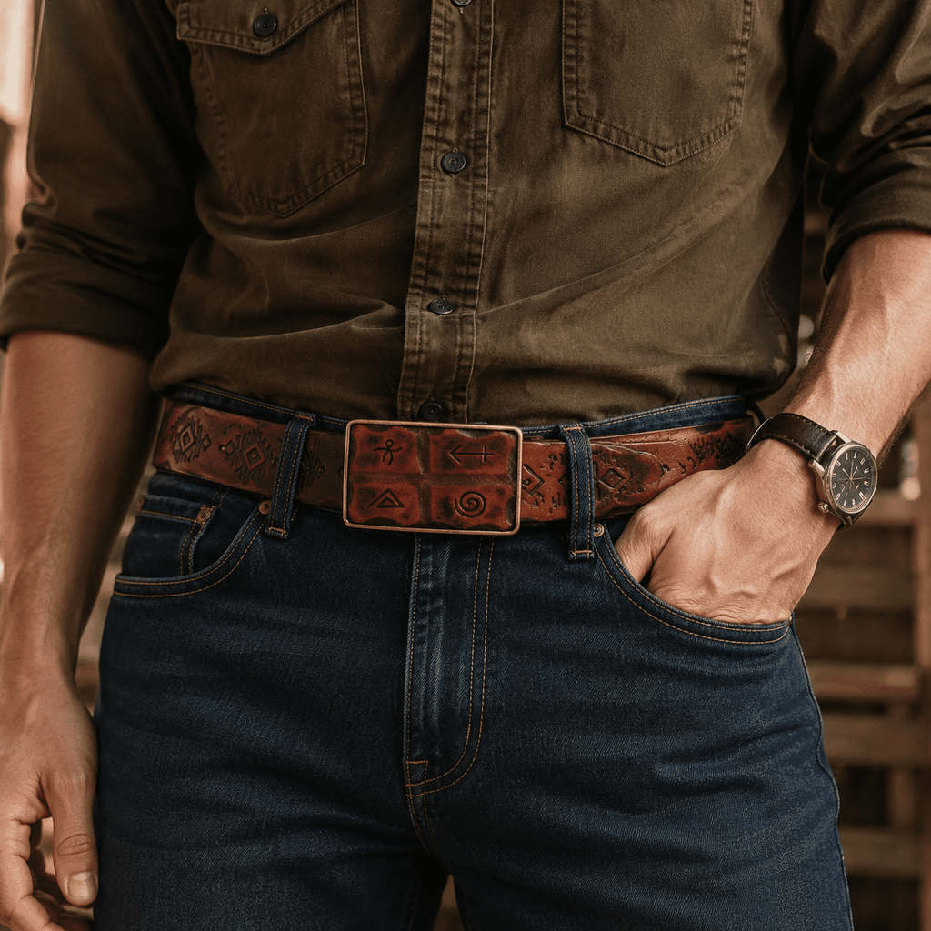Brown men's belt, buckle detail
