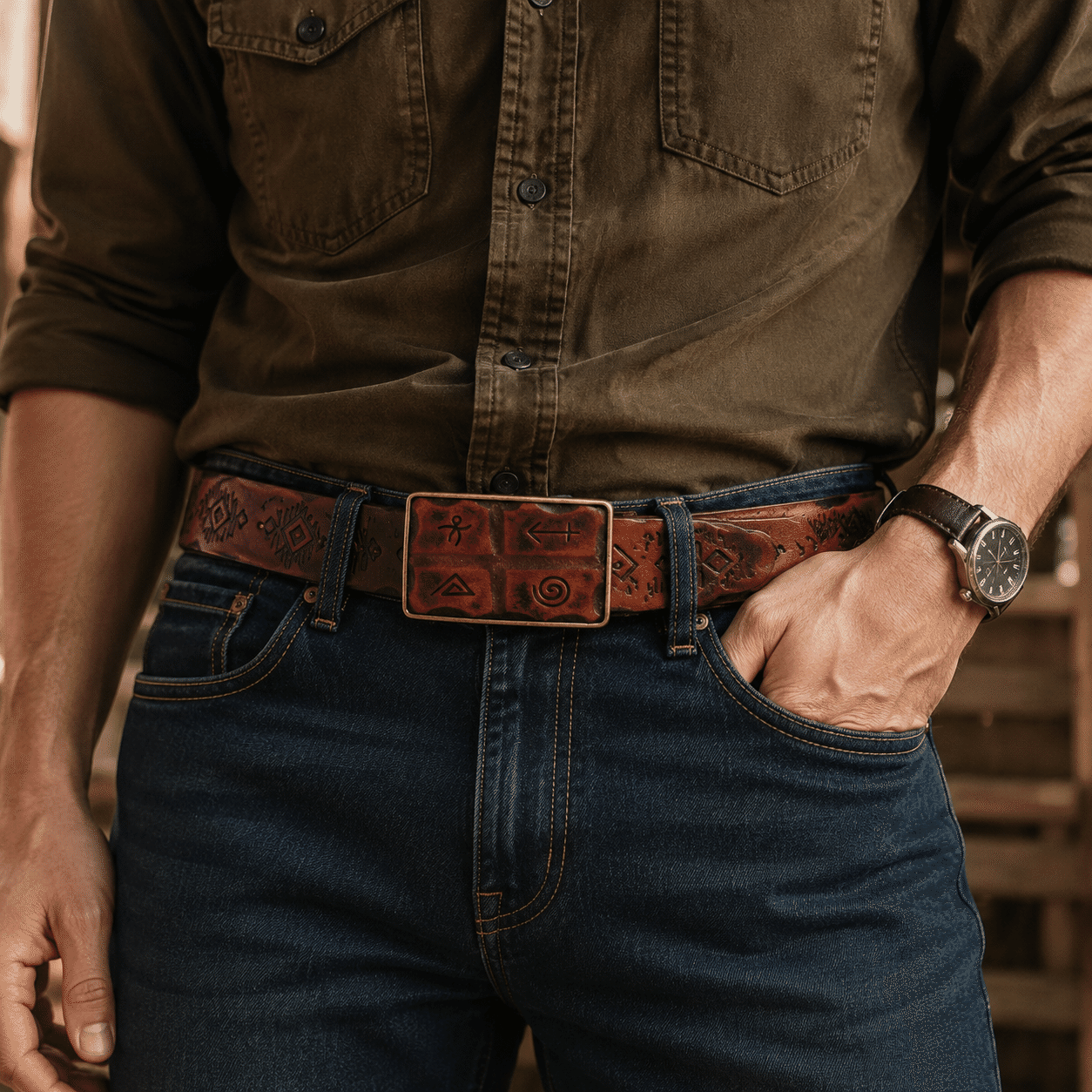 Brown men's belt, buckle detail