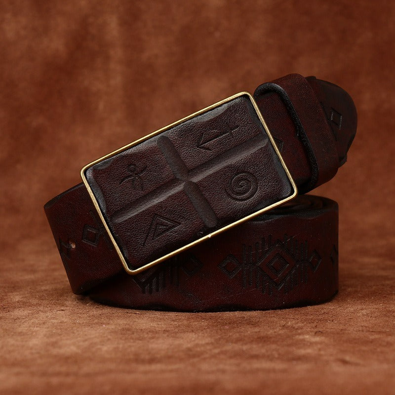Dark brown men's embossed square buckle belt