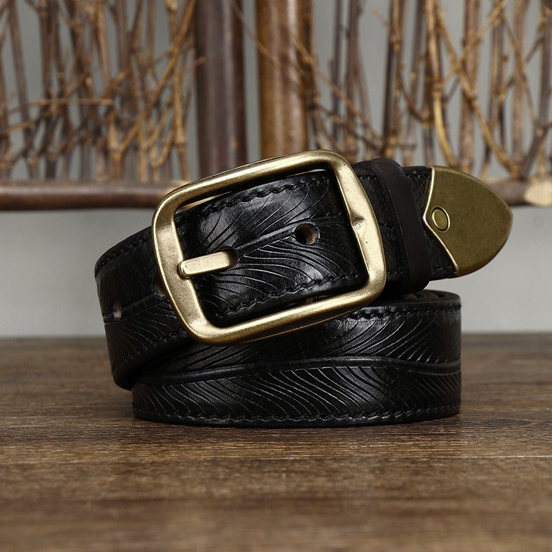 Black men's embossed antique brass belt