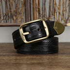 Black men's embossed antique brass belt