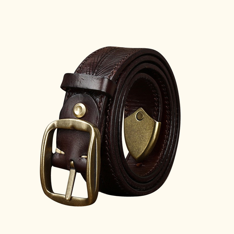 Dark brown men's embossed antique brass belt