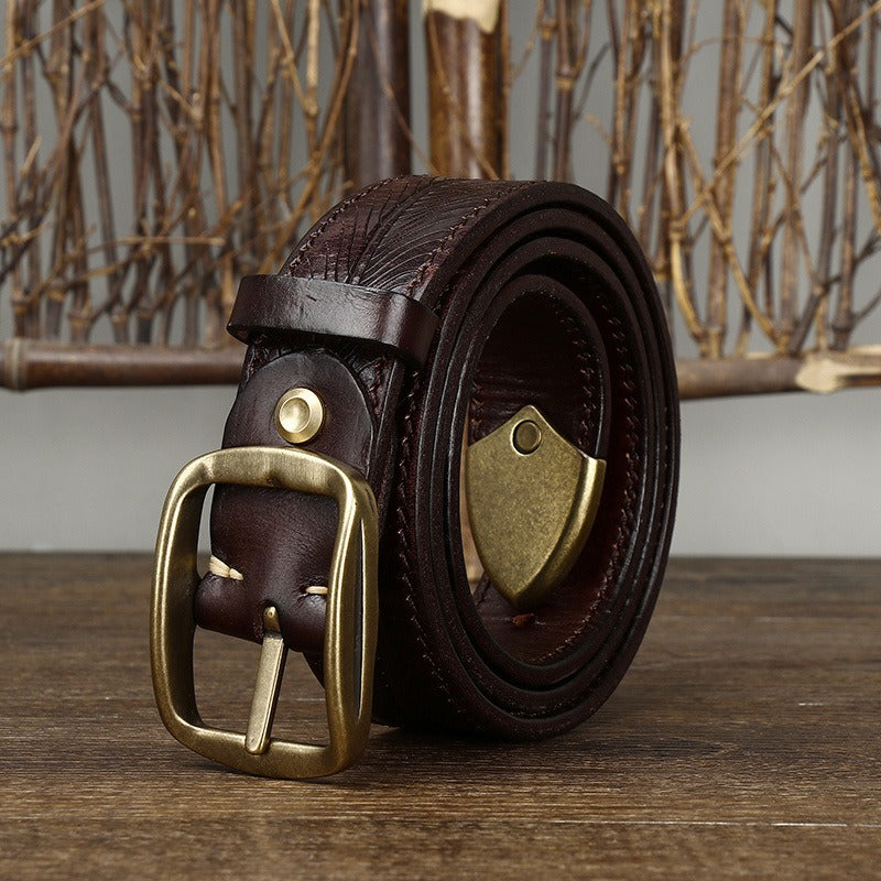 Dark brown men's belt, side view