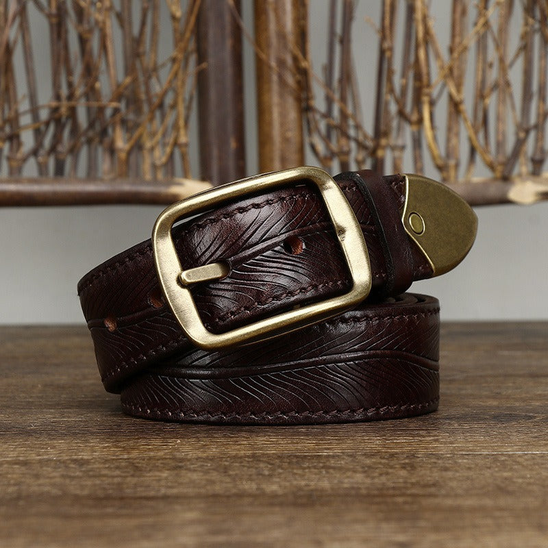 Dark brown men's belt, flat lay