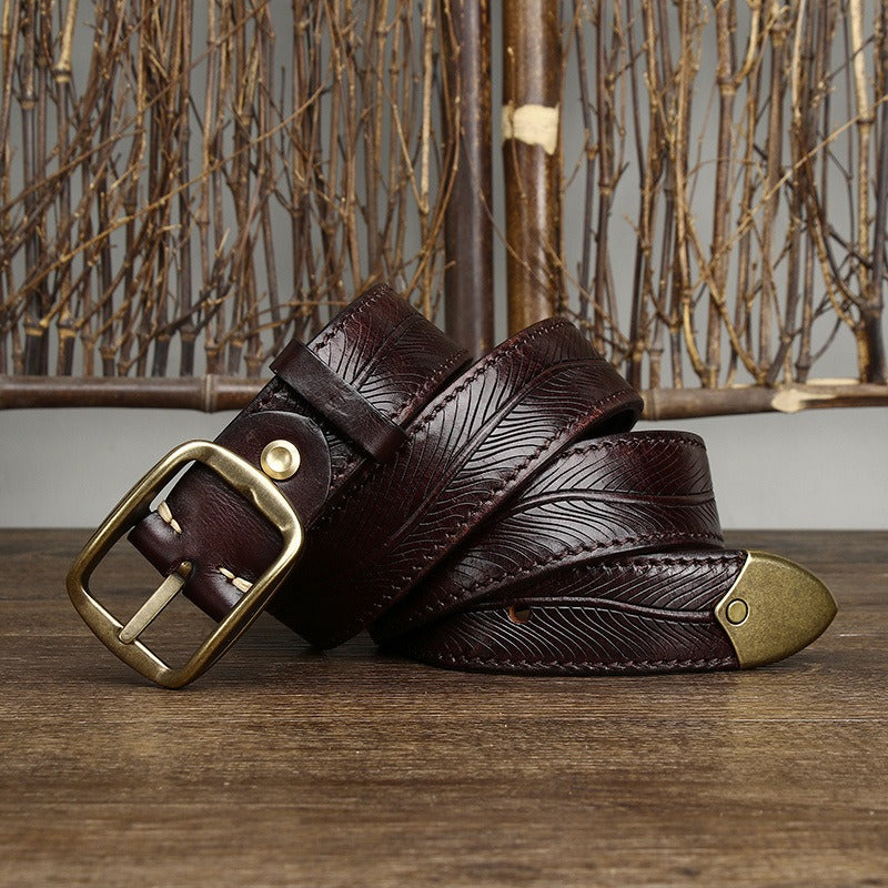 Dark brown men's belt, leather grain