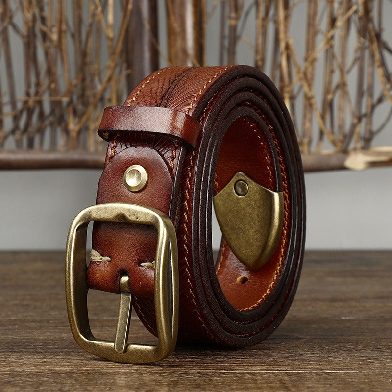 Red brown men's embossed antique brass belt
