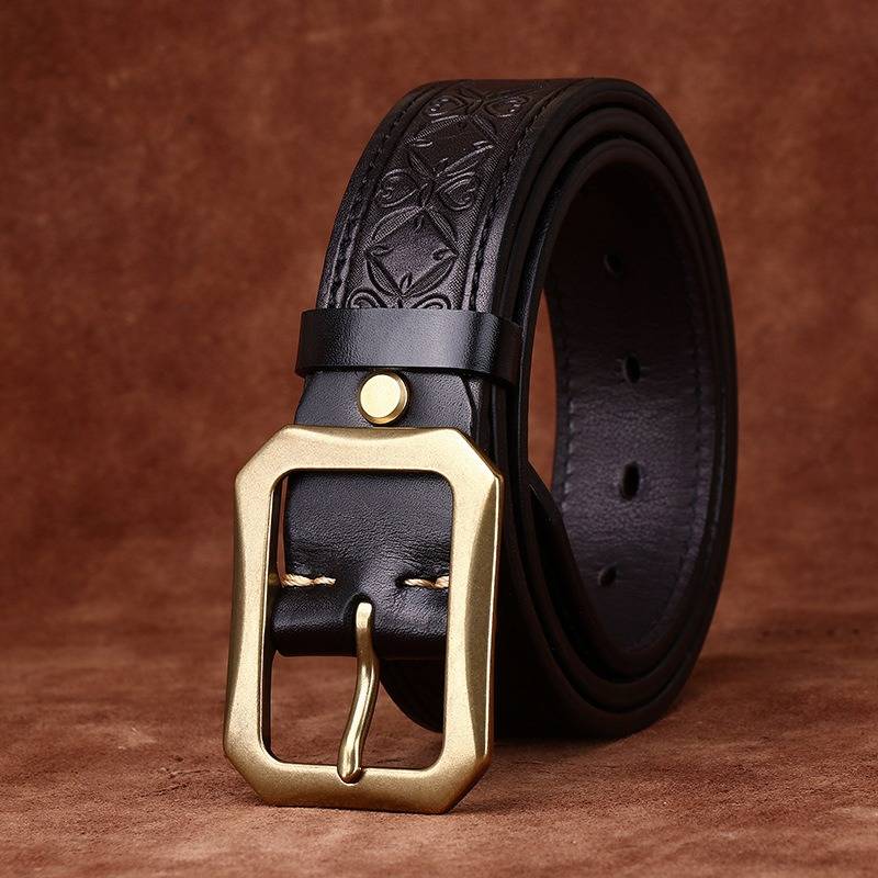 Black embossed vintage men's leather belt