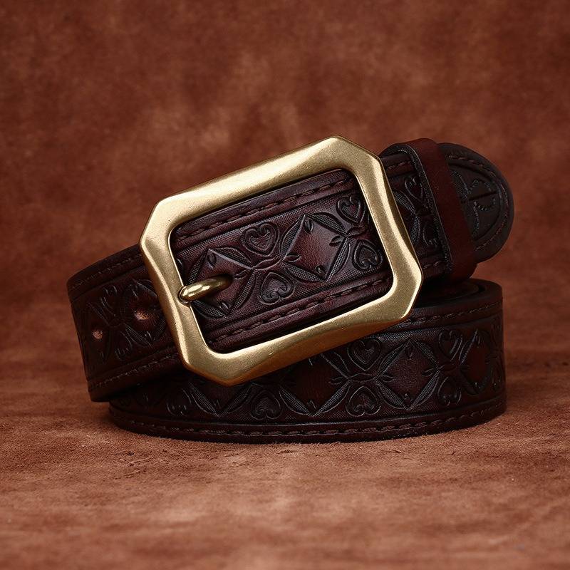Dark brown men's leather belt detail view