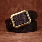 Dark brown men's leather belt detail view