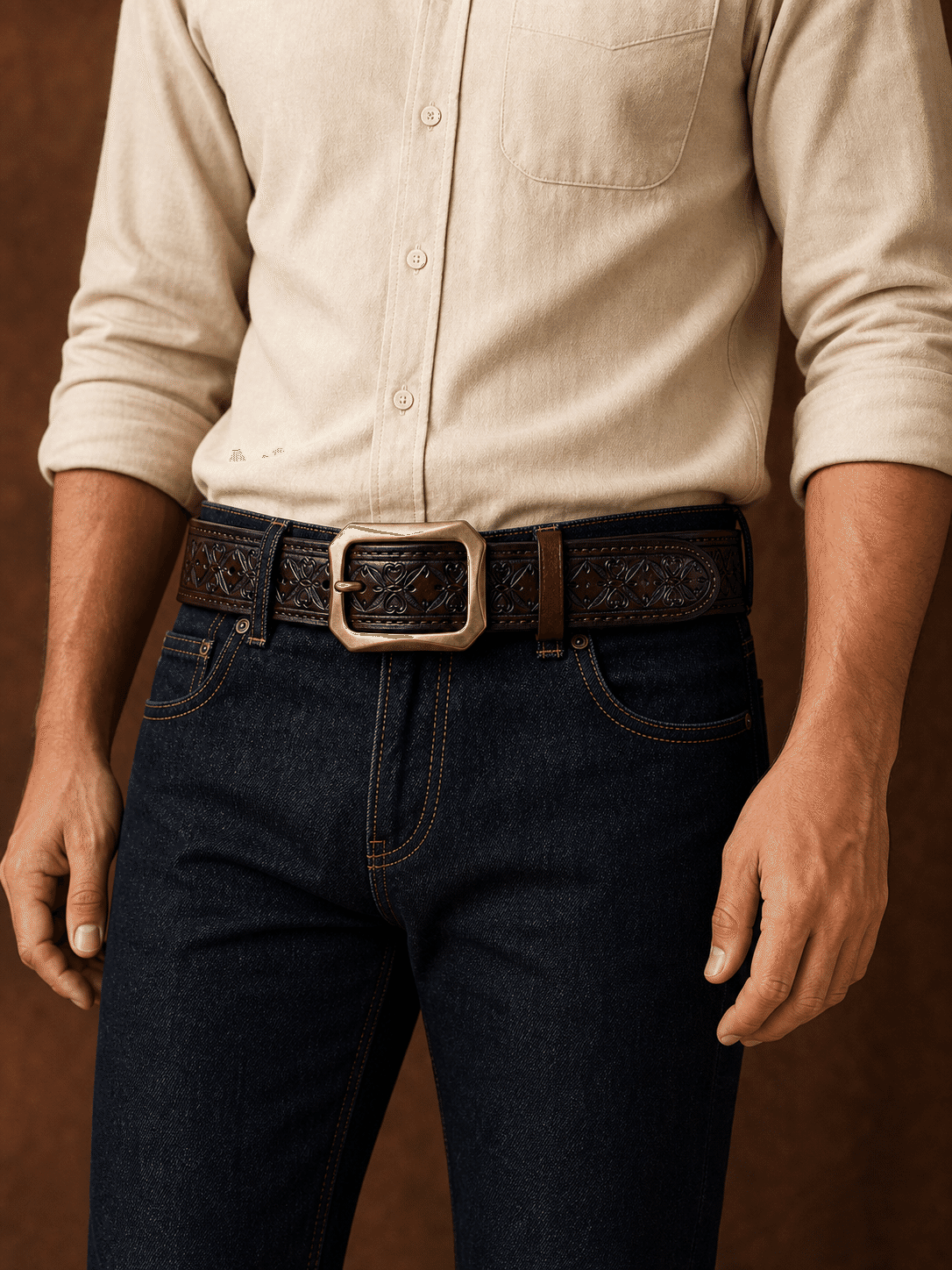 Dark brown men's leather belt, transparent background