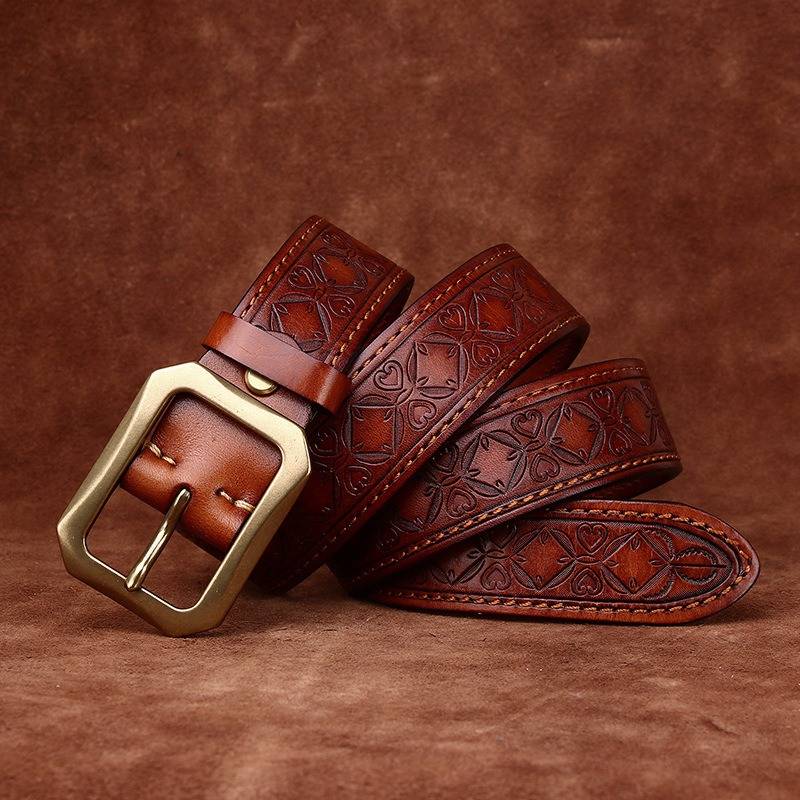 Red brown embossed vintage men's leather belt