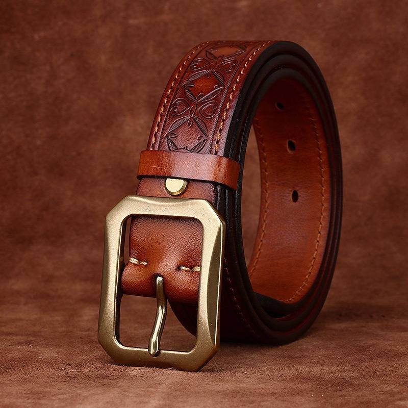 Red brown men's leather belt detail view 2