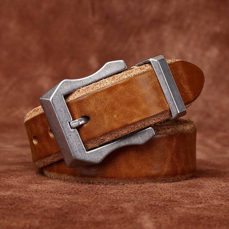 Brown men's steel buckle belt