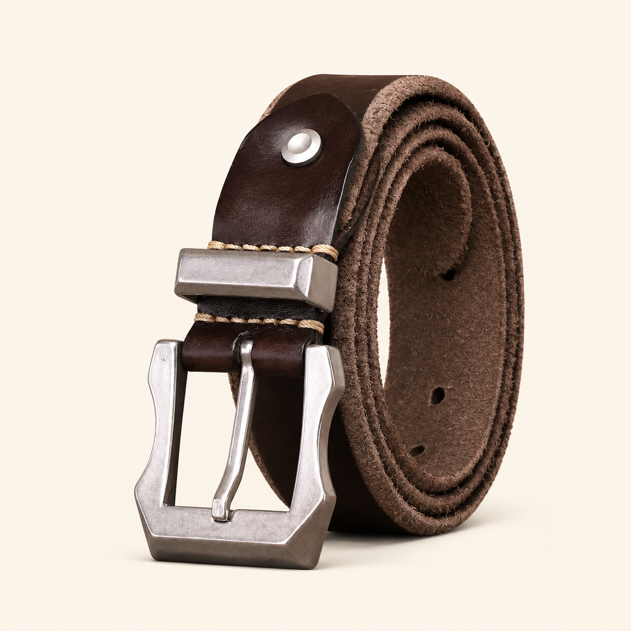 Dark brown men's steel buckle belt