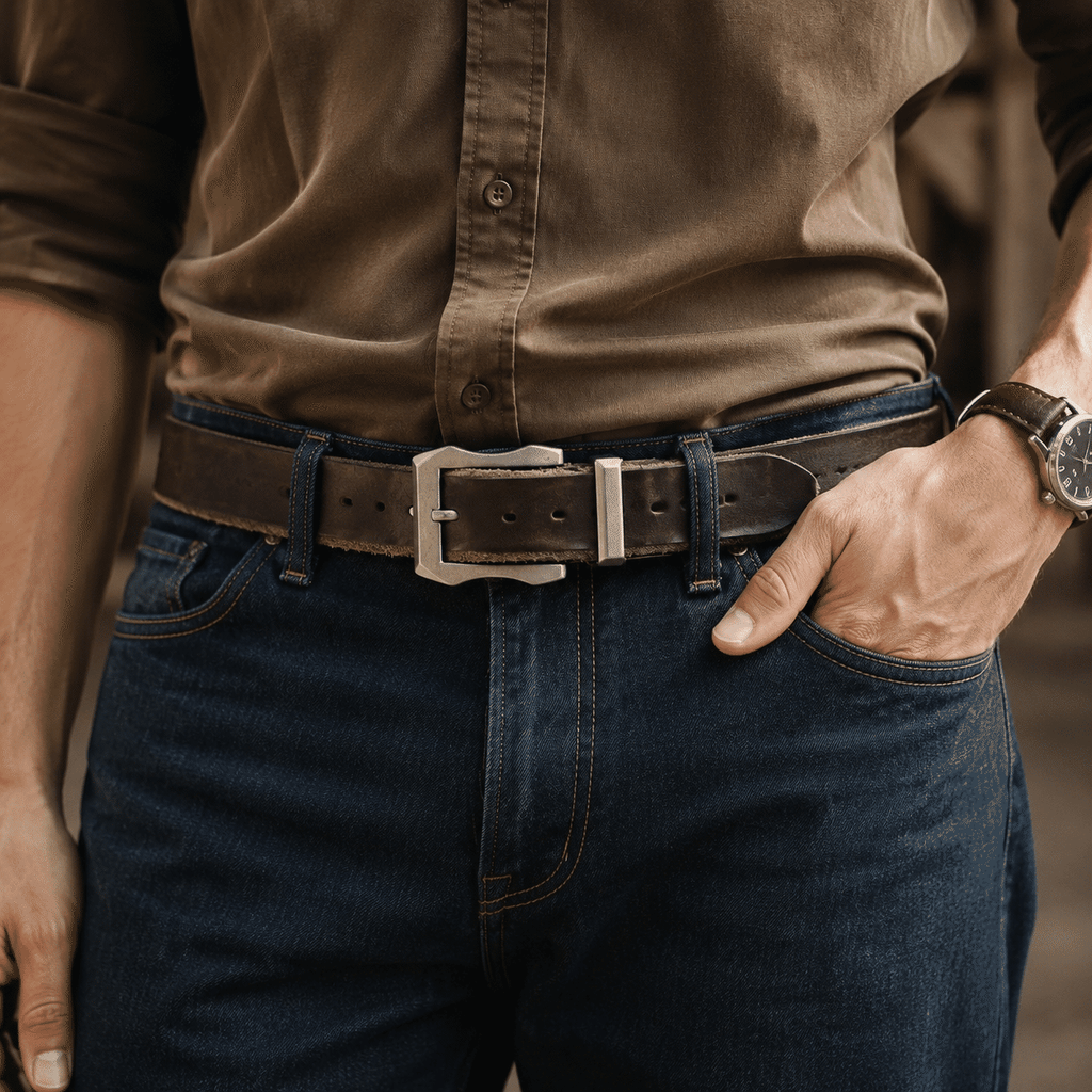 Dark brown men's belt, buckle detail