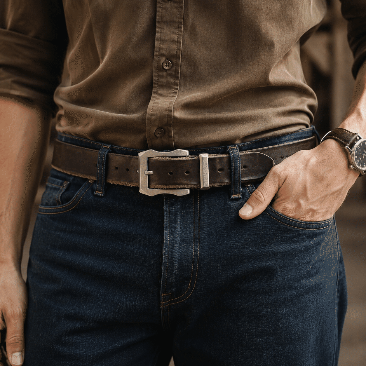Dark brown men's belt, buckle detail