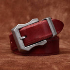 Red men's belt, buckle detail