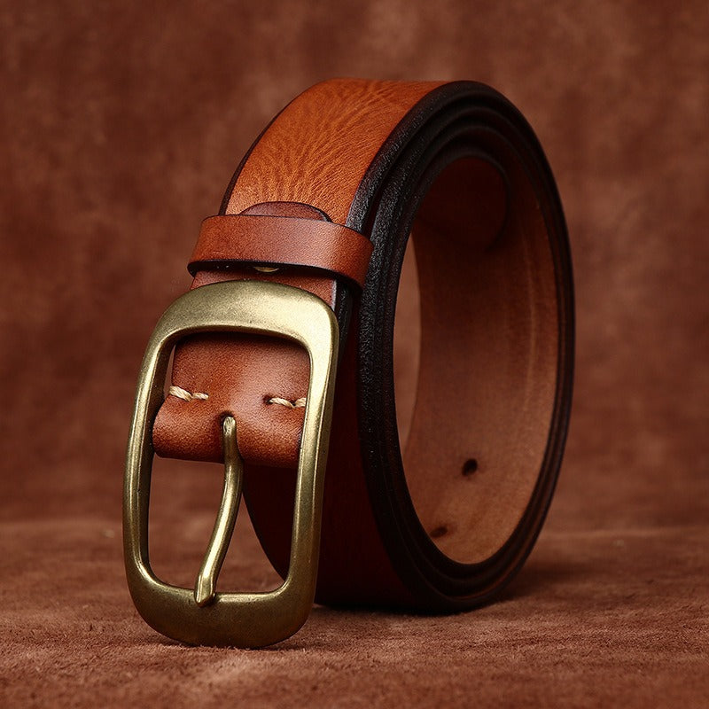 Brown men's leather belt detail view