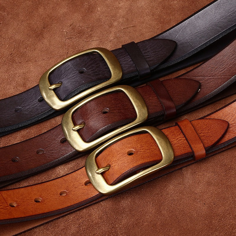 Dark brown men's leather belt detail view