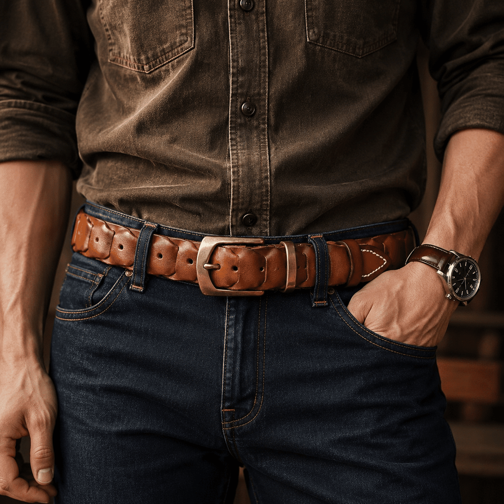 Brown men's belt, buckle detail