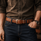 Brown men's belt, buckle detail