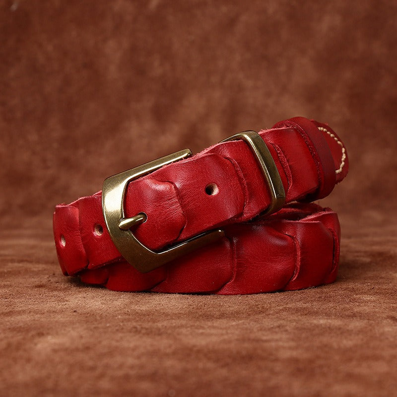 Red men's belt, buckle detail